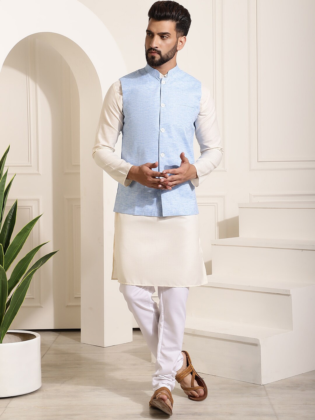 

SOJANYA Mandarin Collar Kurta With Churidar & Nehru Jacket, Cream