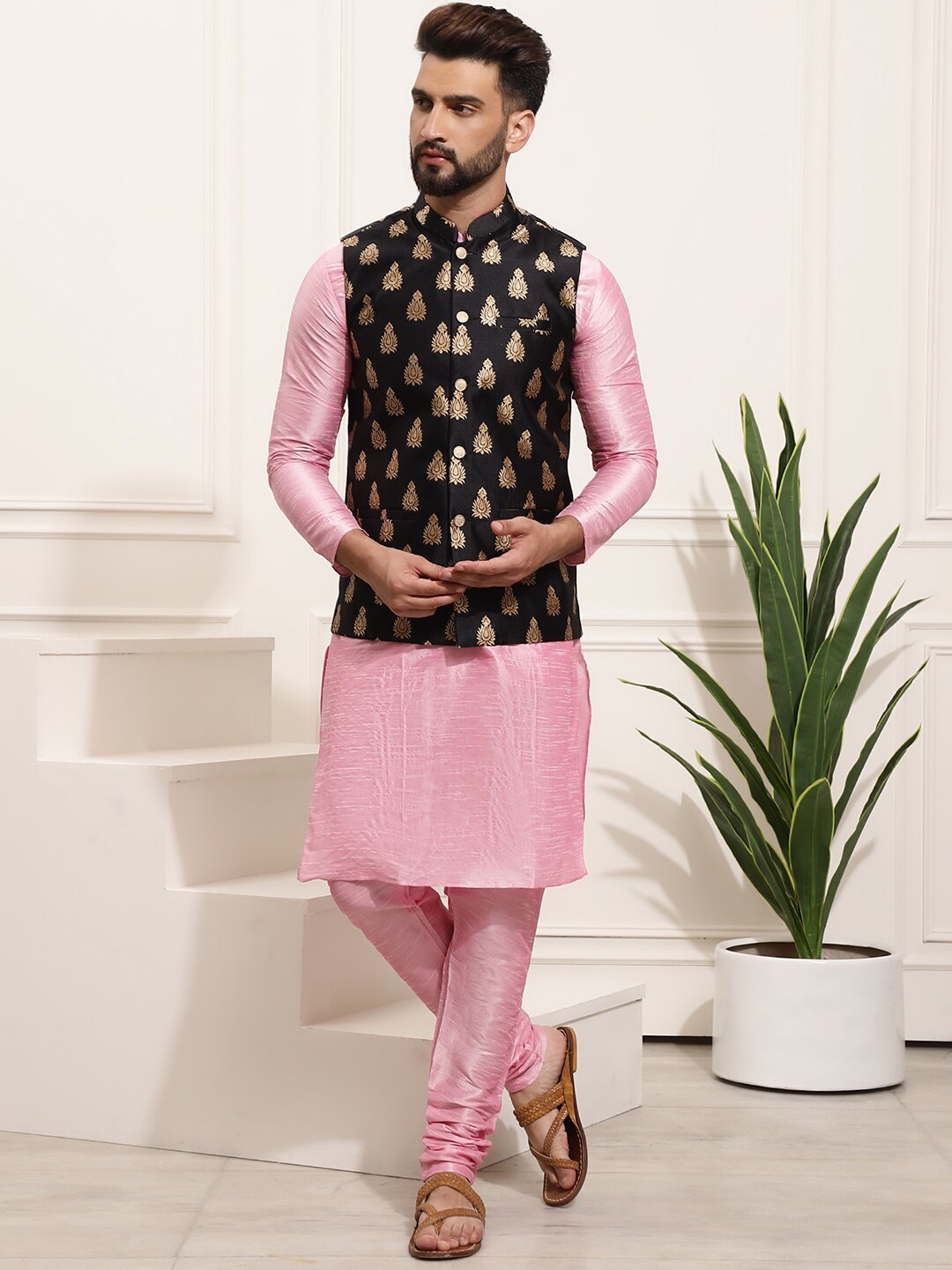 

SOJANYA Mandarin Collar Kurta With Churidar & Self Design Nehru Jacket, Pink