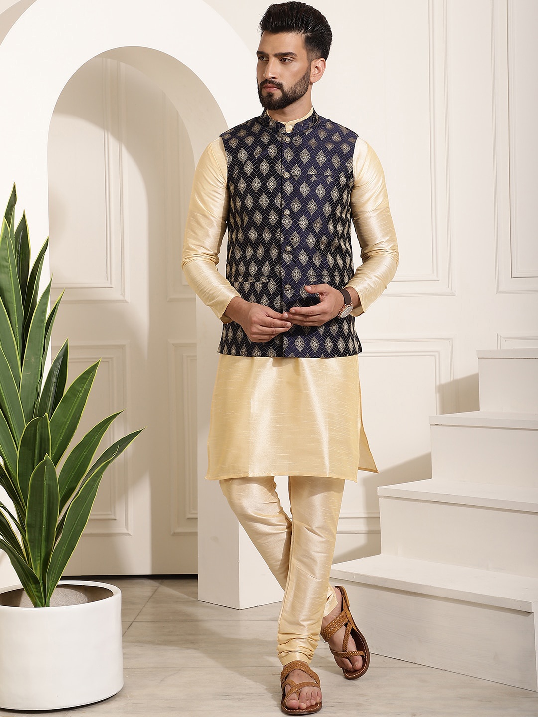

SOJANYA Mandarin Collar Kurta With Churidar & Self Design Nehru Jacket, Gold