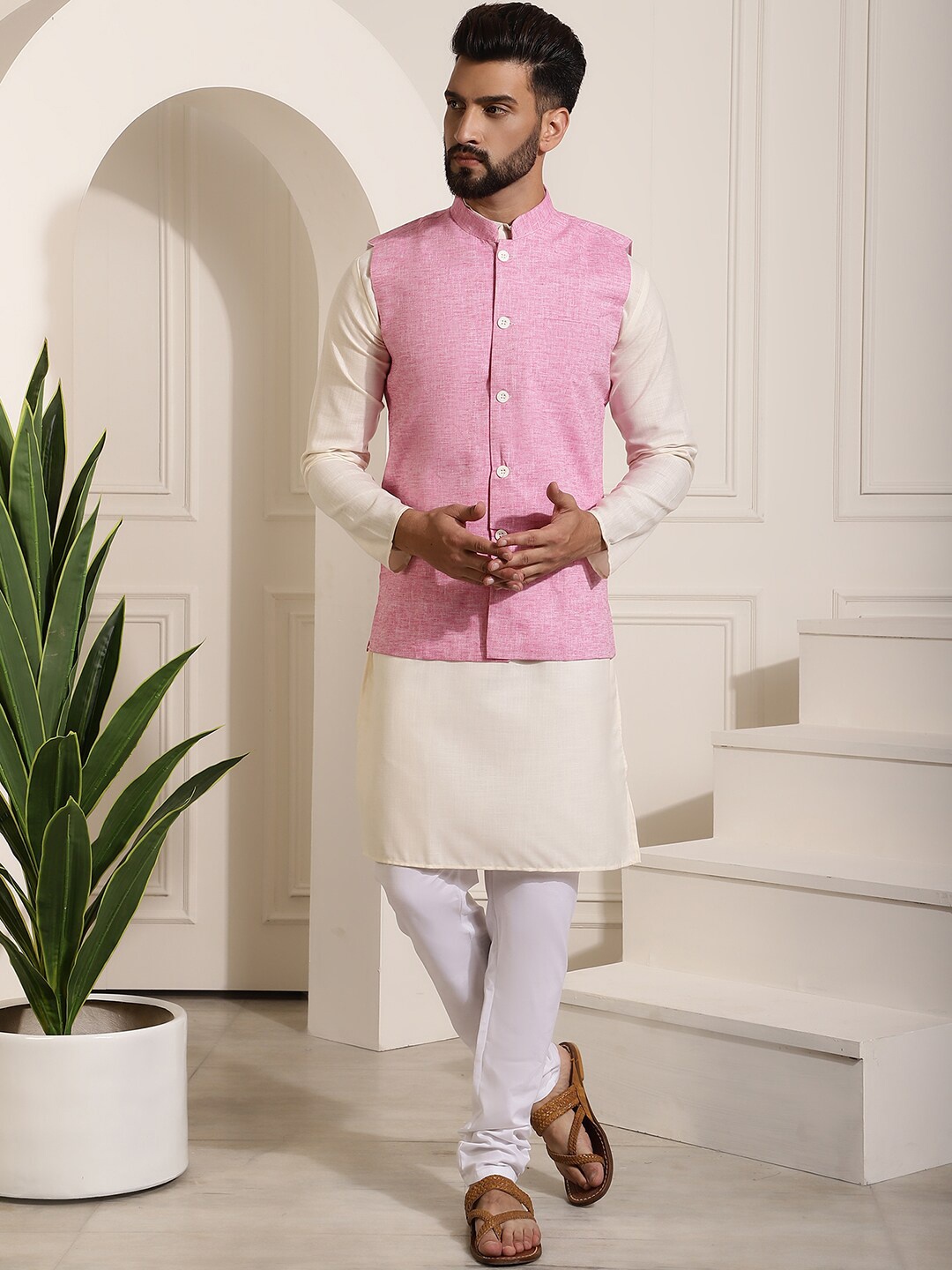 

SOJANYA Mandarin Collar Kurta With Churidar & Nehru Jacket, Cream