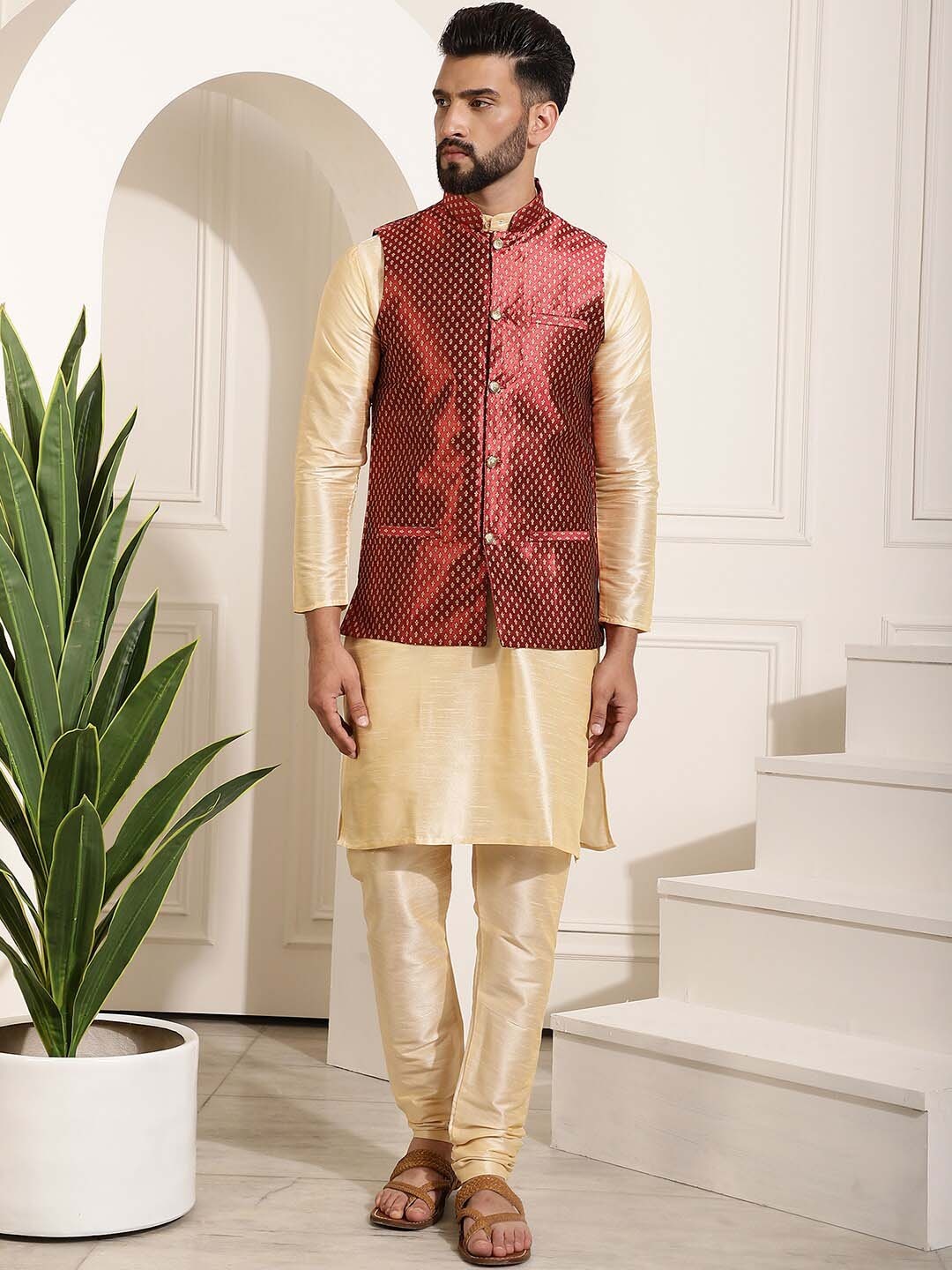 

SOJANYA Mandarin Collar Straight Kurta With Churidar & With Nehru Jacket, Gold