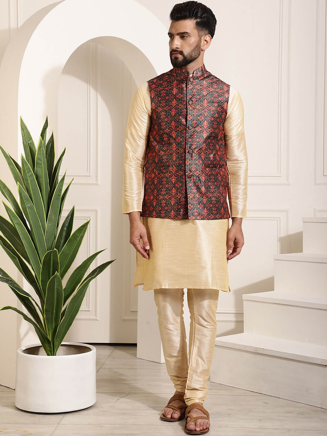 

SOJANYA Mandarin Collar Straight Kurta With Churidar & With Nehru Jacket, Gold