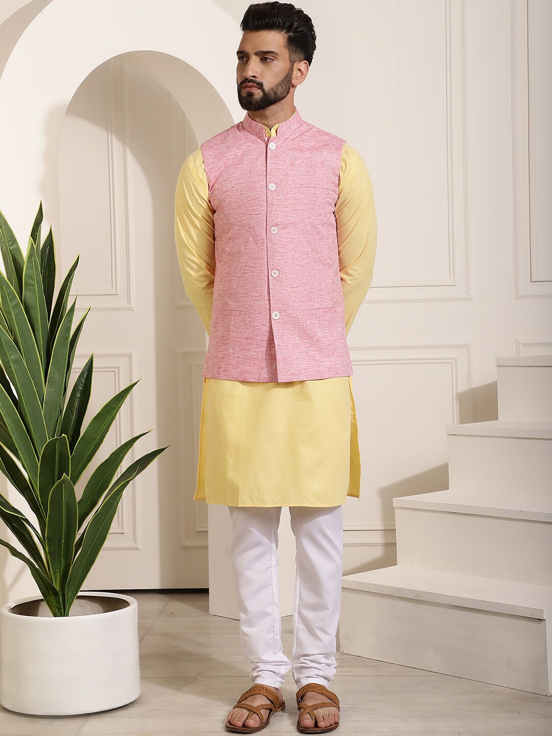 

SOJANYA Mandarin Collar Straight Kurta With Churidar & With Nehru Jacket, Yellow