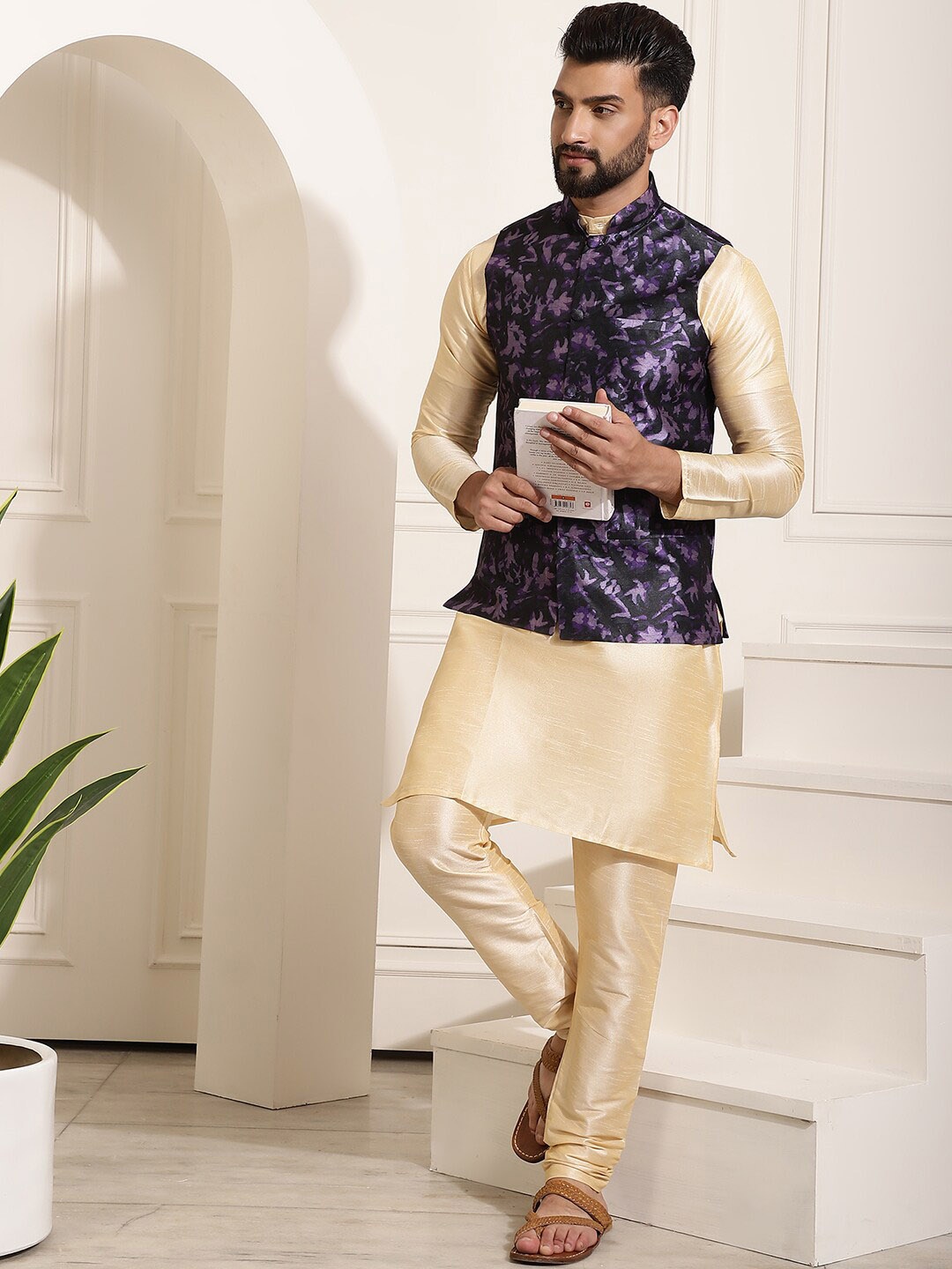 

SOJANYA Mandarin Collar Straight Kurta With Churidar & With Nehru Jacket, Gold
