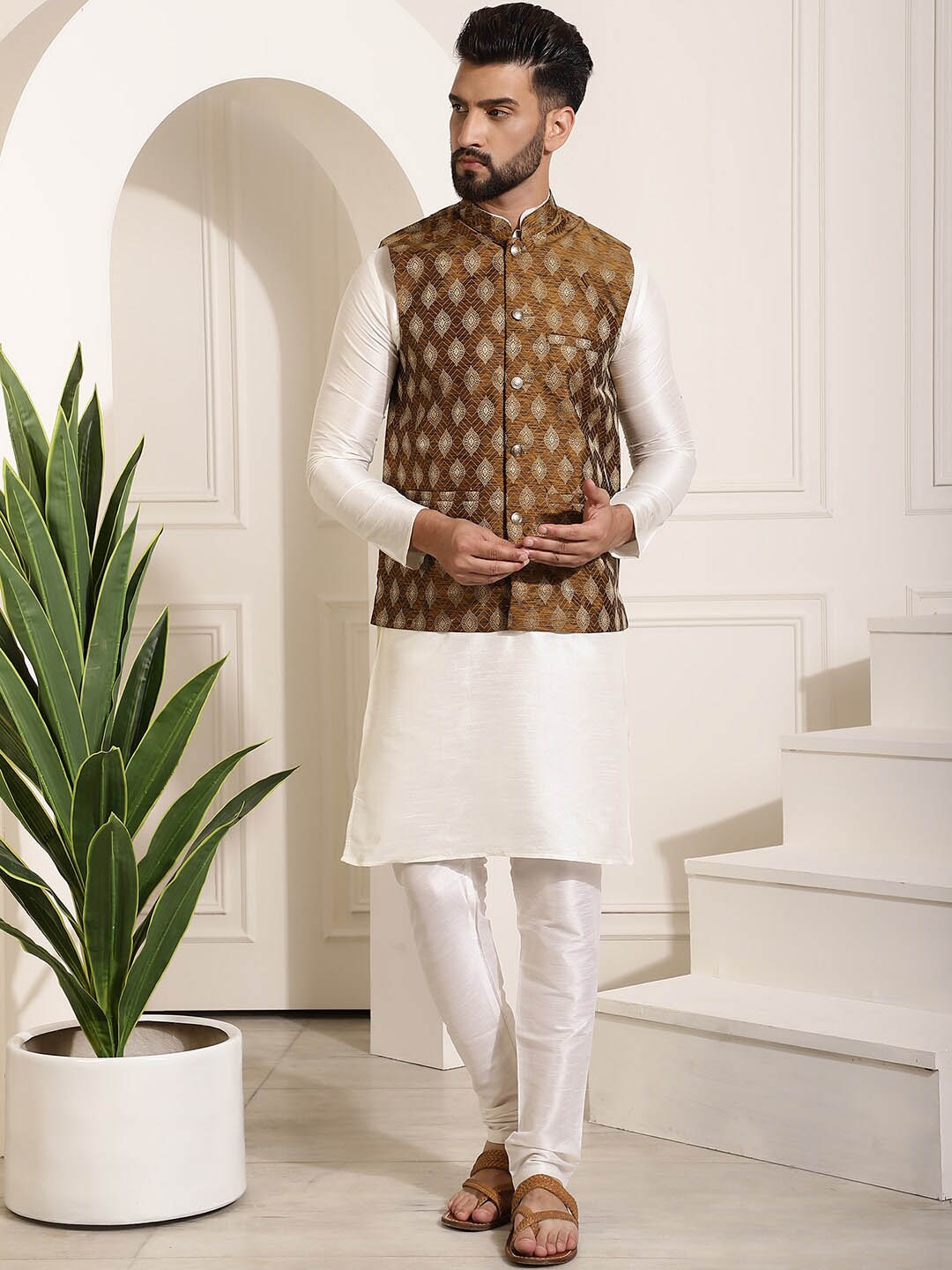 

SOJANYA Mandarin Collar Straight Kurta With Churidar & With Nehru Jacket, Cream