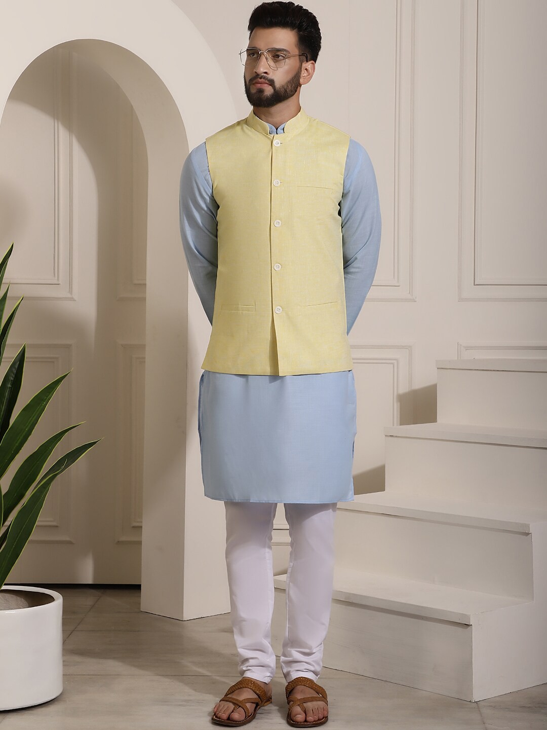 

SOJANYA Mandarin Collar Straight Pure Cotton Kurta With Churidar & With Nehru Jacket, Blue