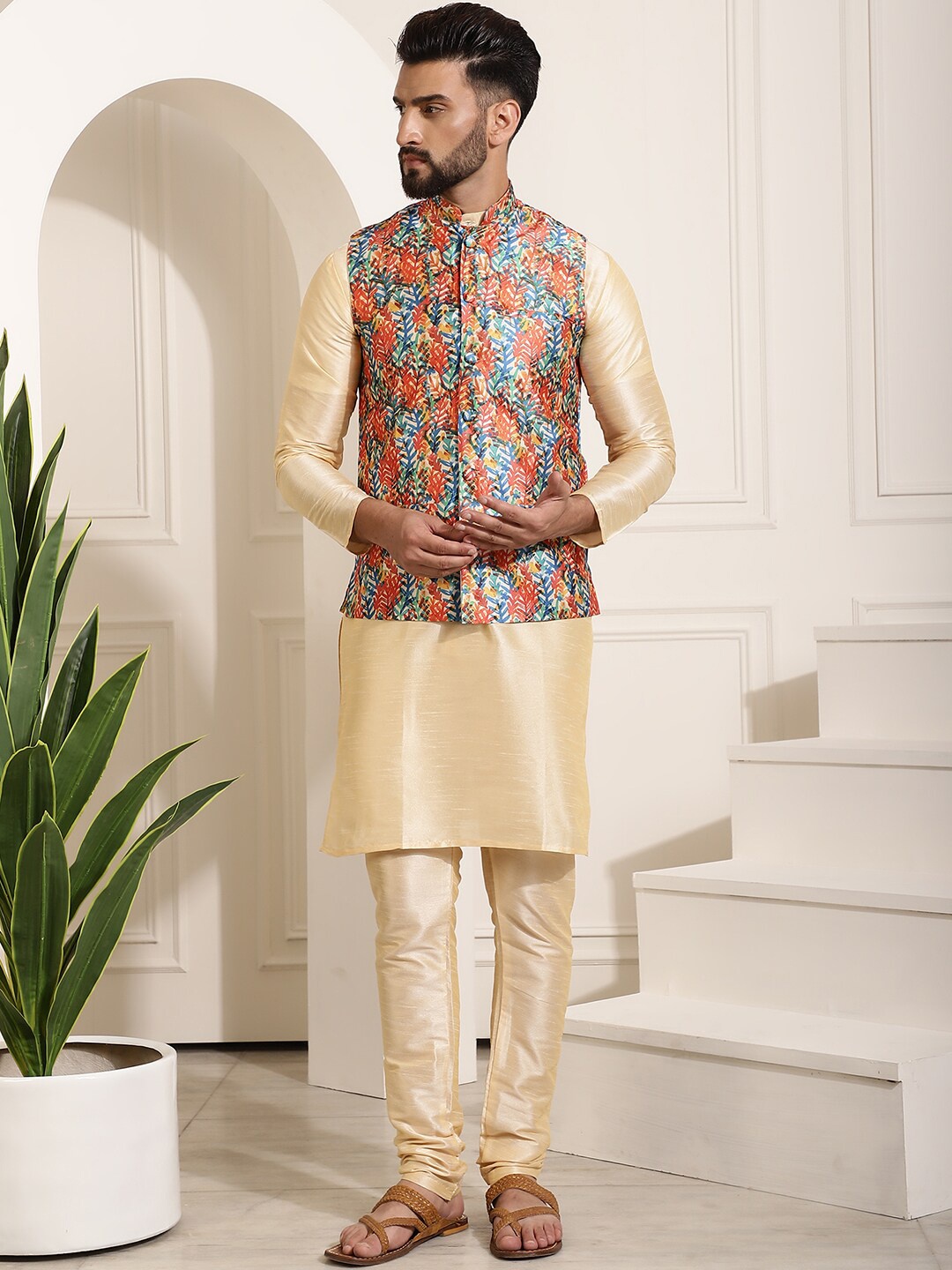 

SOJANYA Mandarin Collar Straight Kurta With Churidar & With Nehru Jacket, Gold