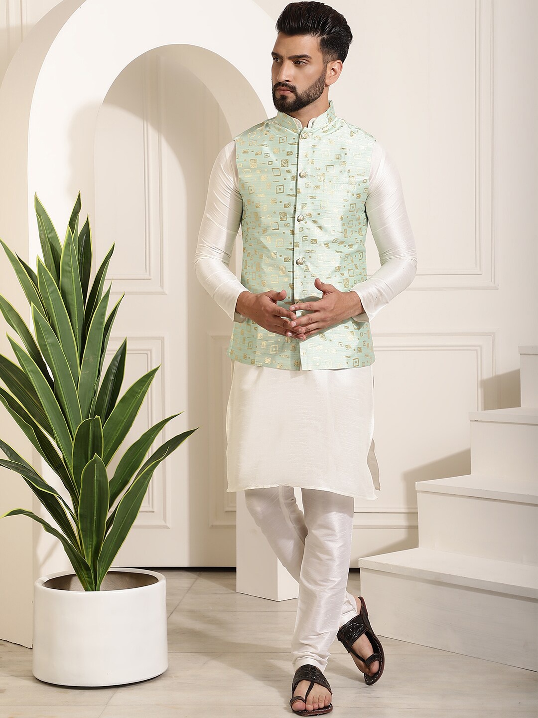 

SOJANYA Mandarin Collar Straight Kurta With Churidar & With Nehru Jacket, Cream