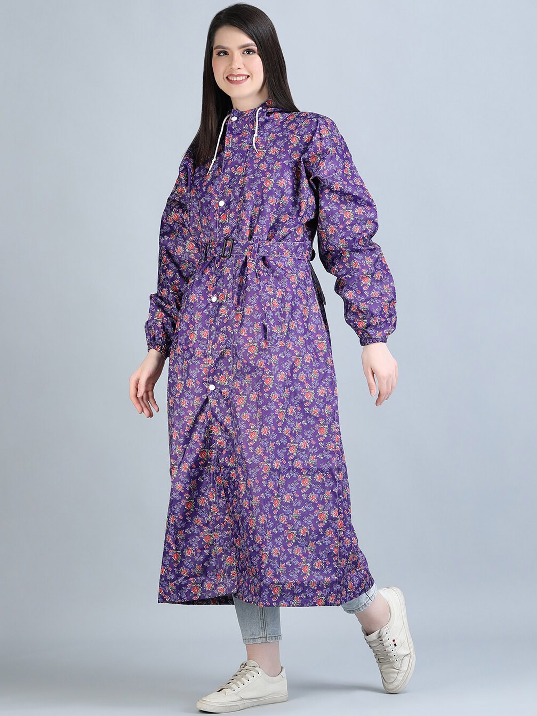

Super Floral Printed Hooded Waterproof Rain Jacket, Purple
