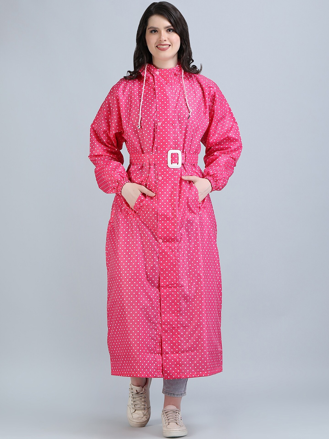 

Super Polka Dot Printed Waterproof Long Rain Jacket, Pink