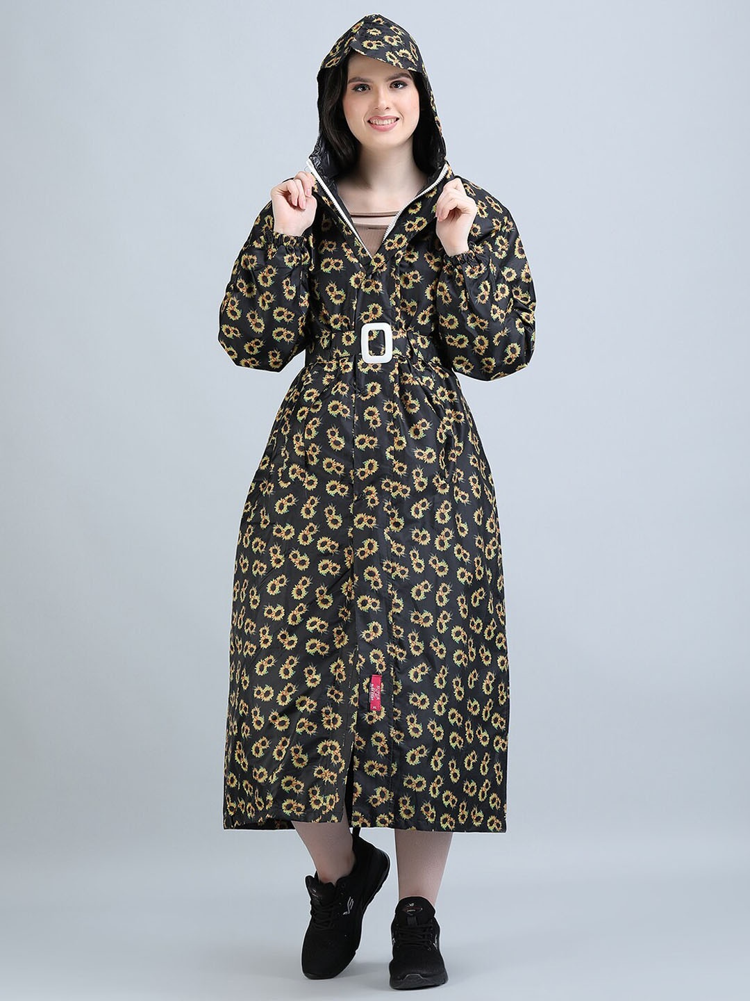 

Super Floral Printed Hooded Waterproof Long Rain Jacket, Black