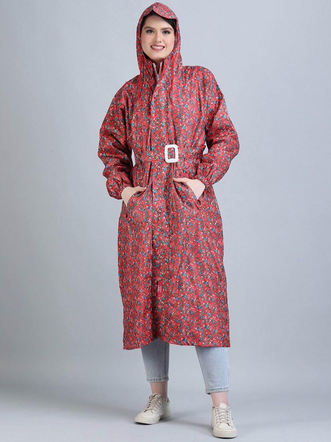

Super Floral Printed Reversible Waterproof Long Rain Jacket, Red