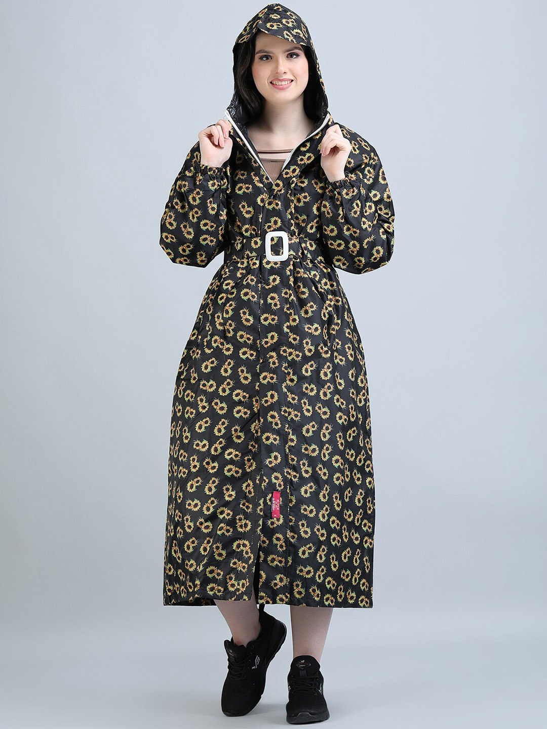 

Super Floral Printed Reversible Waterproof Long Rain Jacket, Black