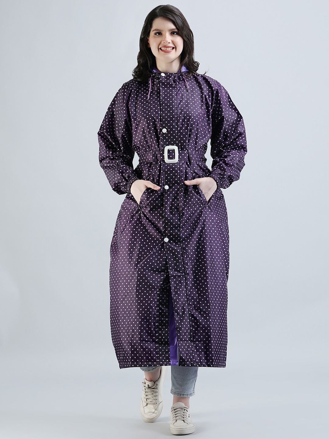 

Super Polka Dot Printed Reversible Waterproof Long Rain Jacket, Purple