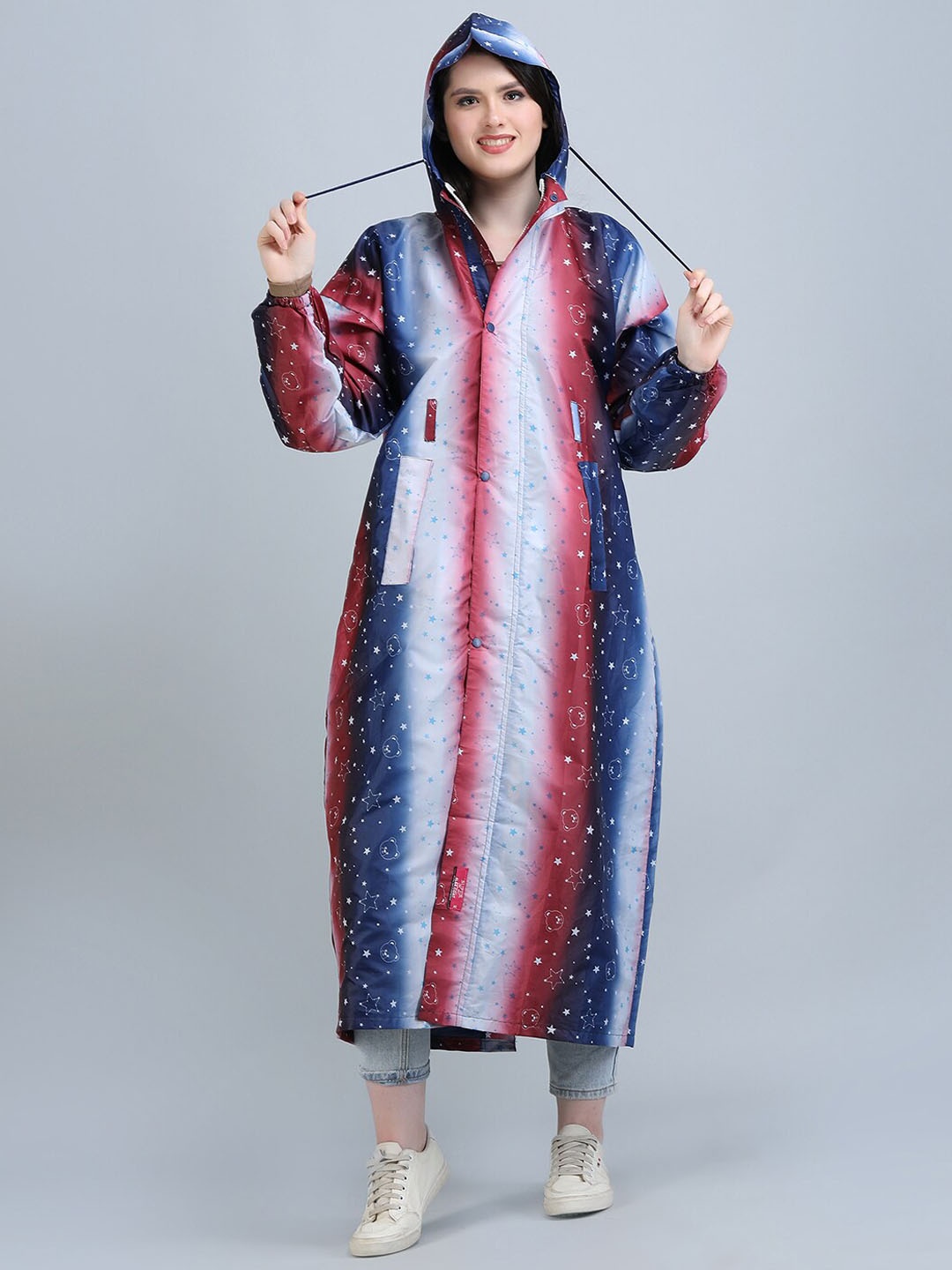 

Super Printed Reversible Waterproof Long Rain Jacket, Blue