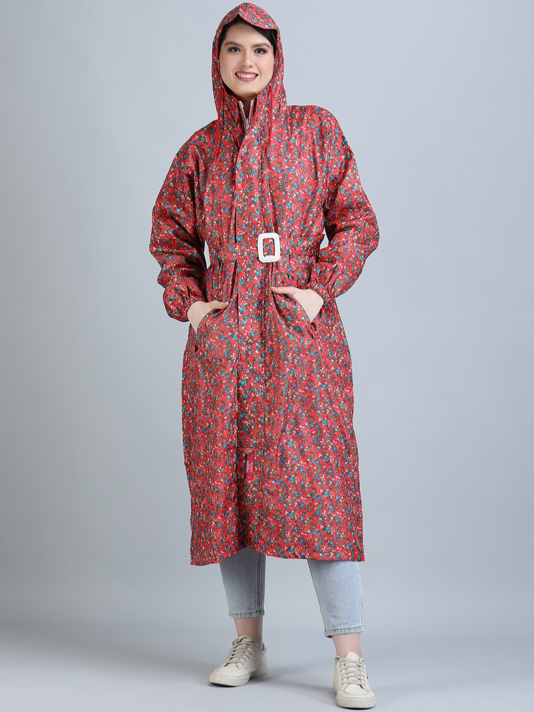 

Super Floral Printed Waterproof Long Rain Jacket, Red