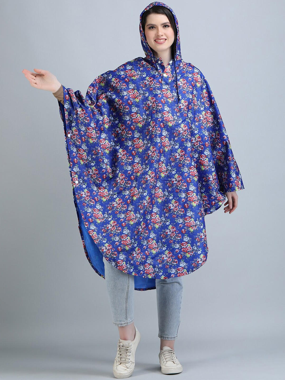 

Super Printed & Hooded Drawcord Long Rain Jacket, Blue