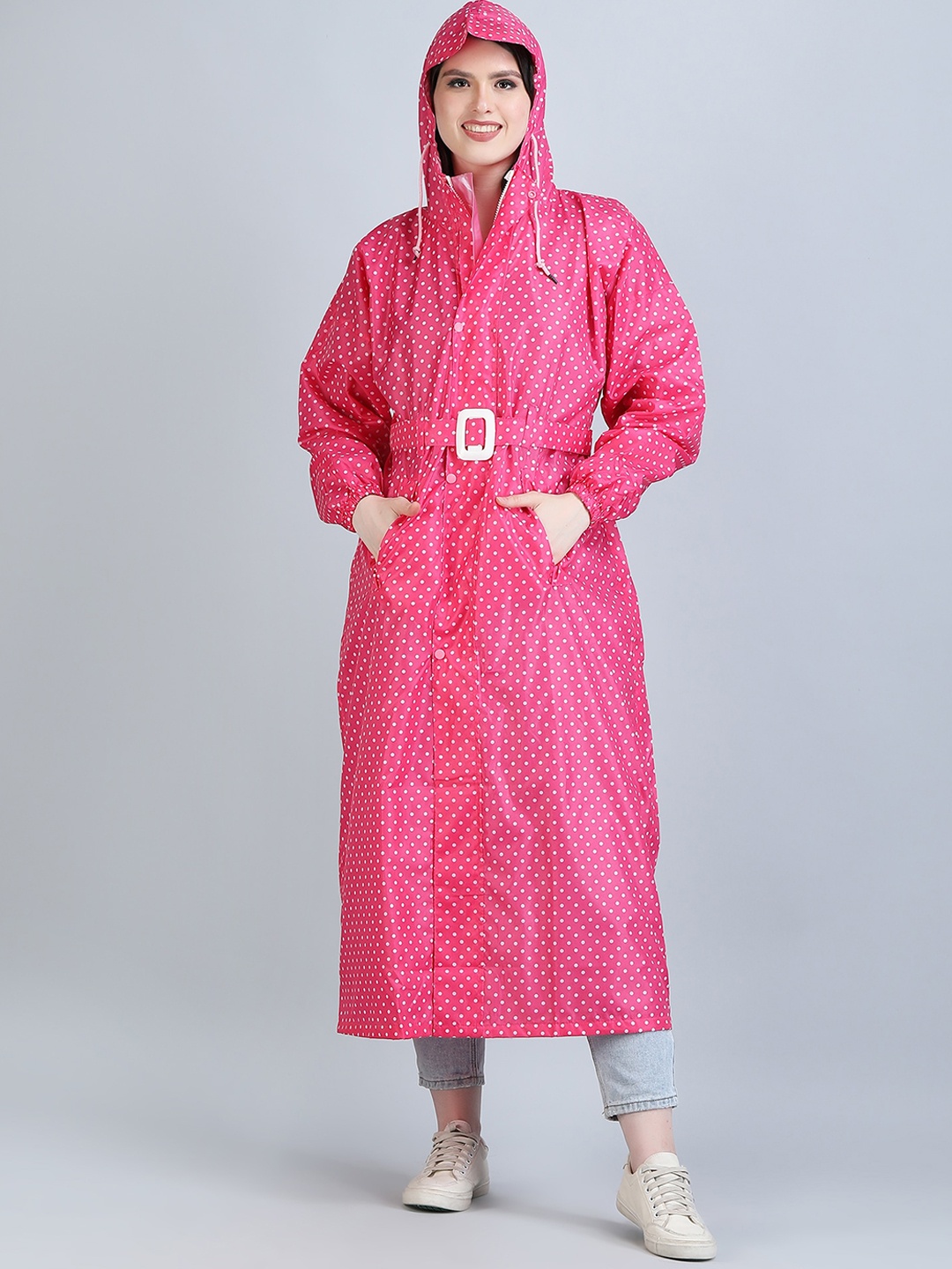 

Super Polka Dots Printed Waterproof Long Rain Jacket With Belt, Pink