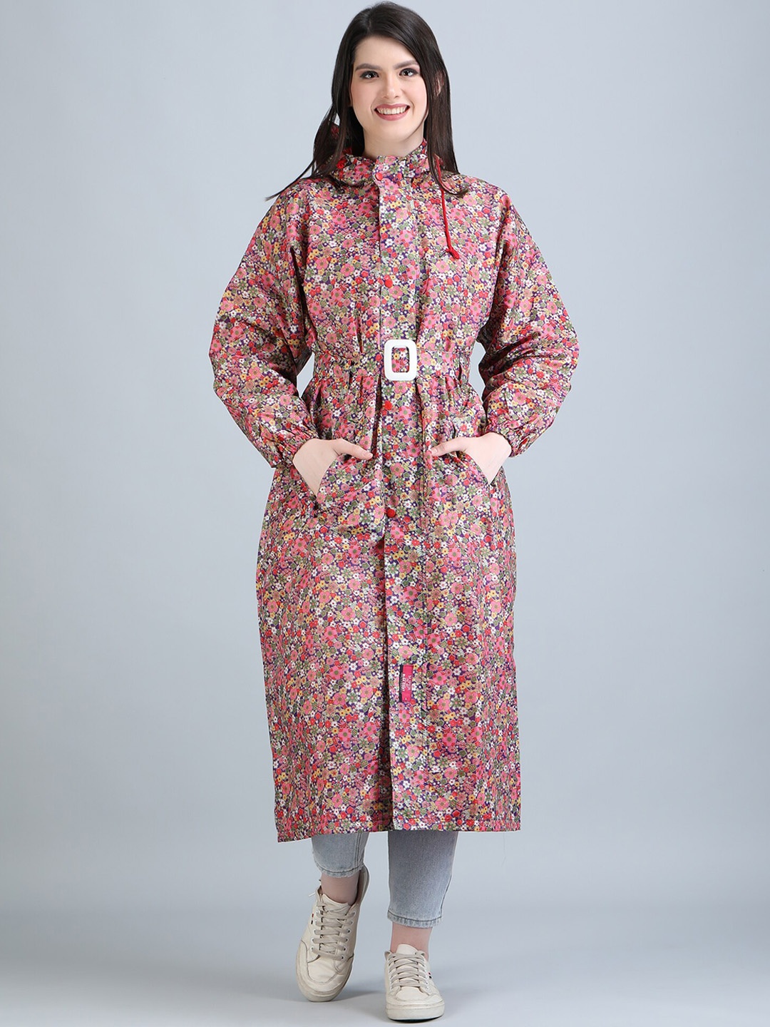 

Super Floral Printed Hooded Long Rain Jacket, Red