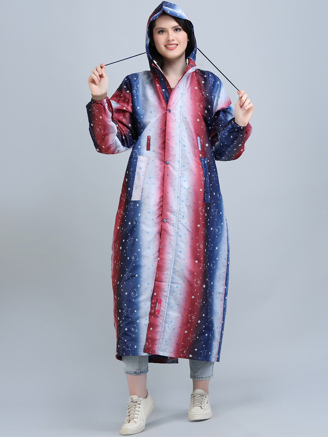 

Super Conversational Printed Waterproof Long Rain Jacket, Blue