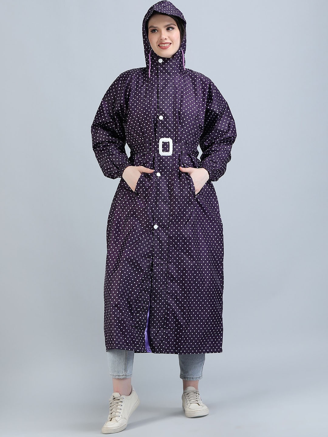 

Super Polka Dots Printed Waterproof Long Rain Jacket With Belt, Purple