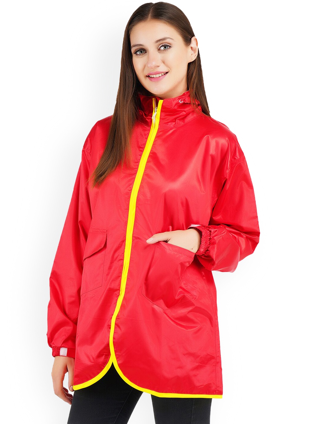 

Super Hooded Waterproof Rain Long-Line Jacket, Red