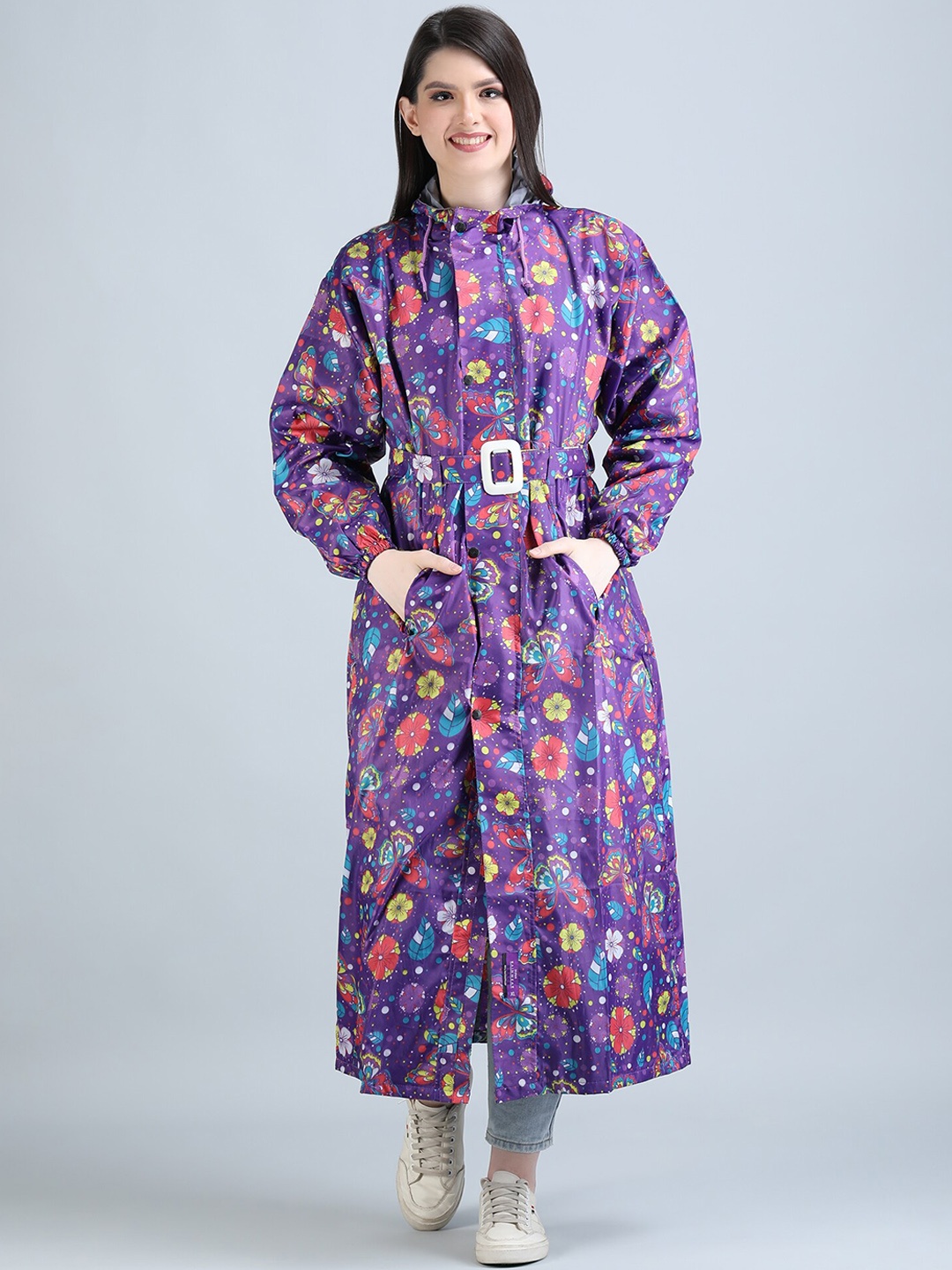 

Super Floral Printed Hooded Long Rain Jacket With Belt, Purple