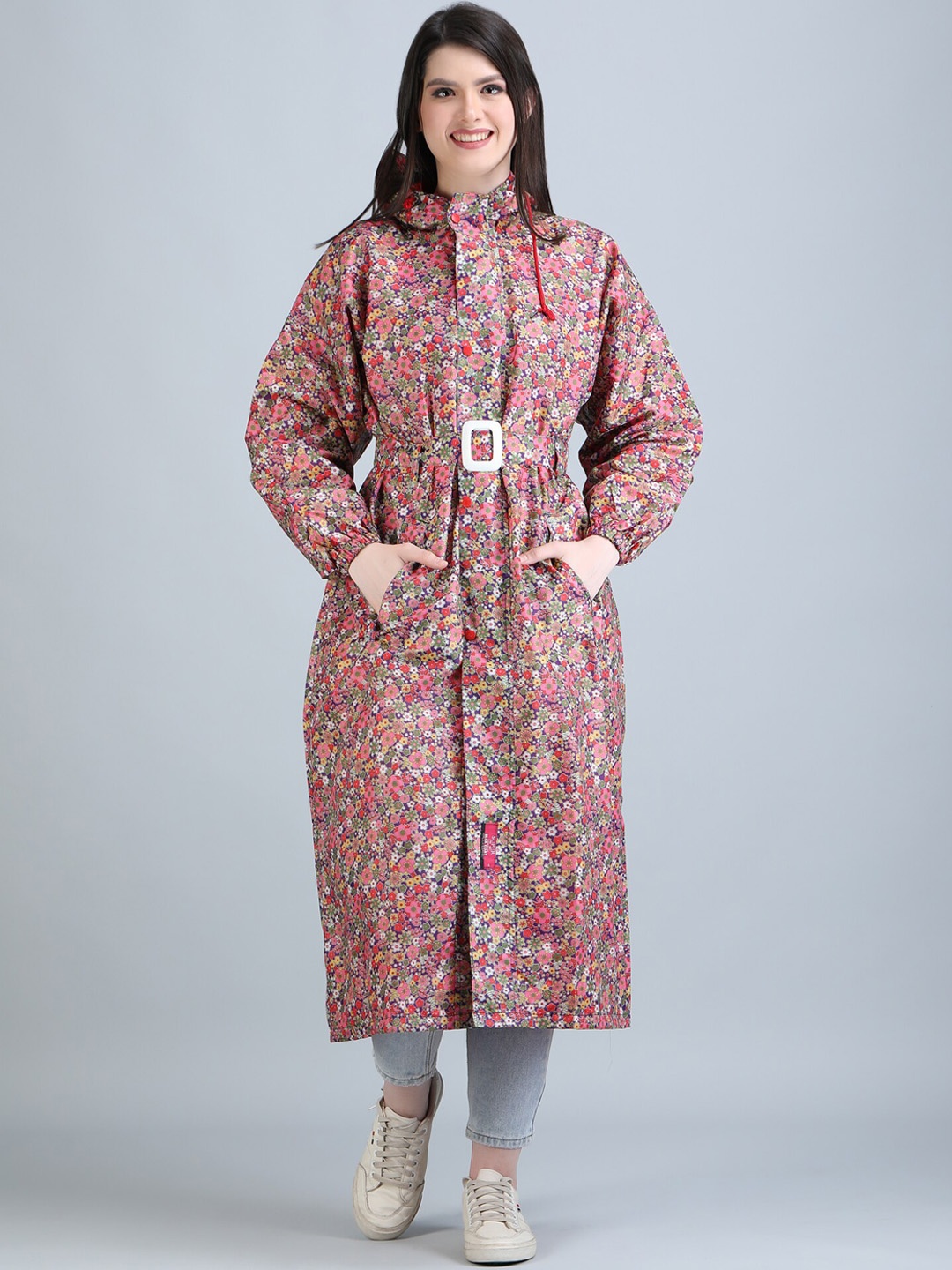 

Super Women Printed Reversible Waterproof Long Raincoat With Belt, Pink
