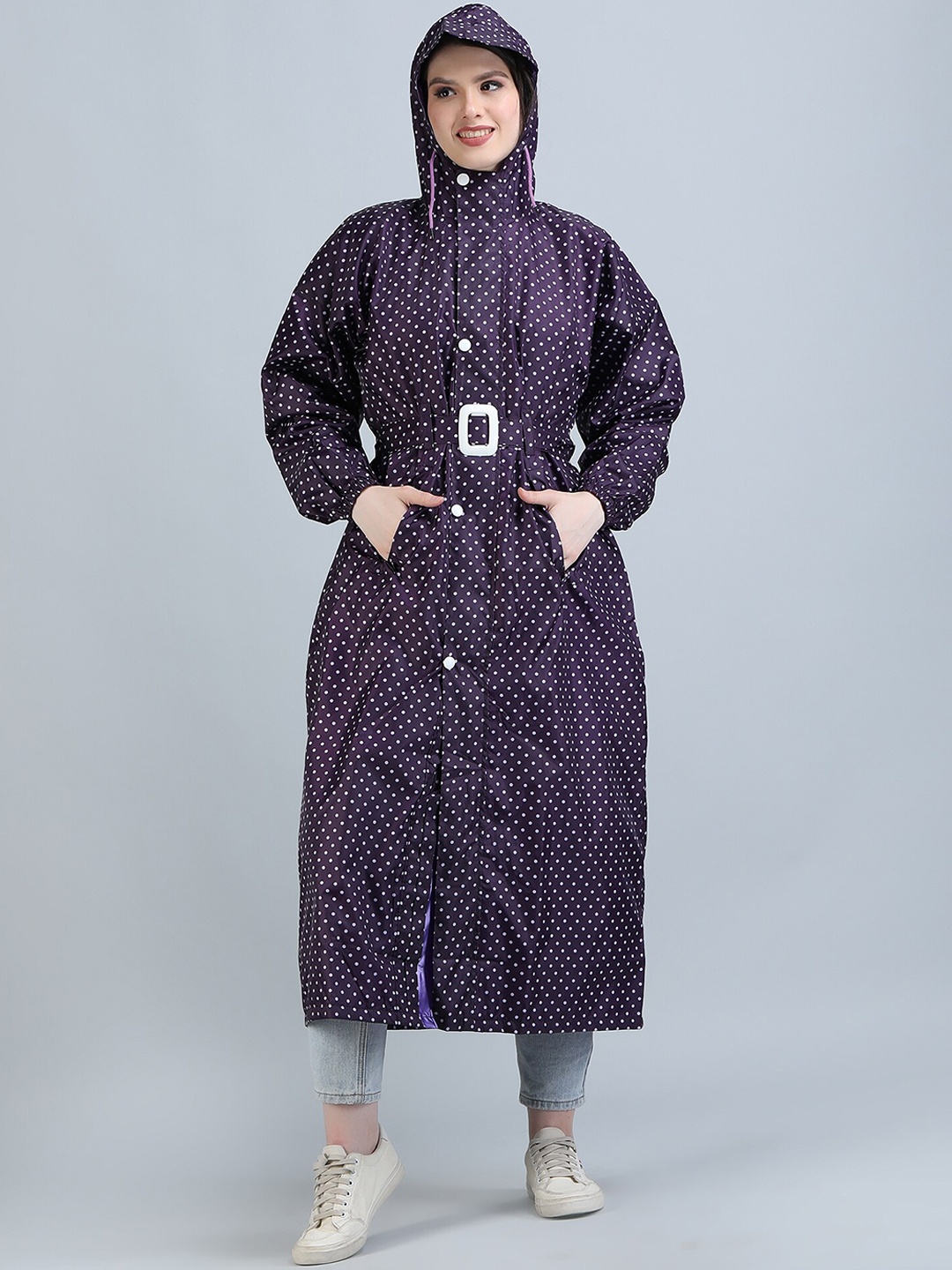 

Super Women Printed Reversible Waterproof Long Raincoat With Belt, Purple