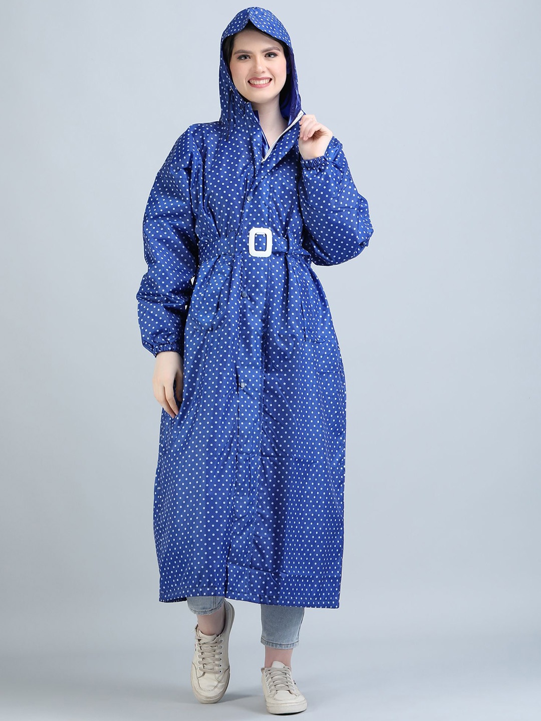 

Super Printed Reversible Waterproof Long Rain Jacket With Belt, Blue