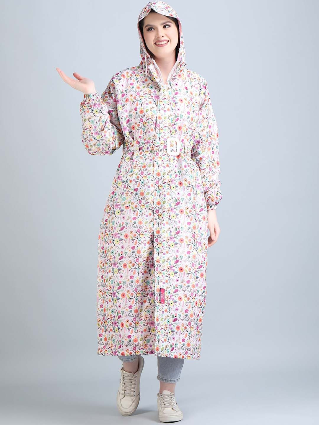 

Super Printed Reversible Long Rain Jacket With Belt, White