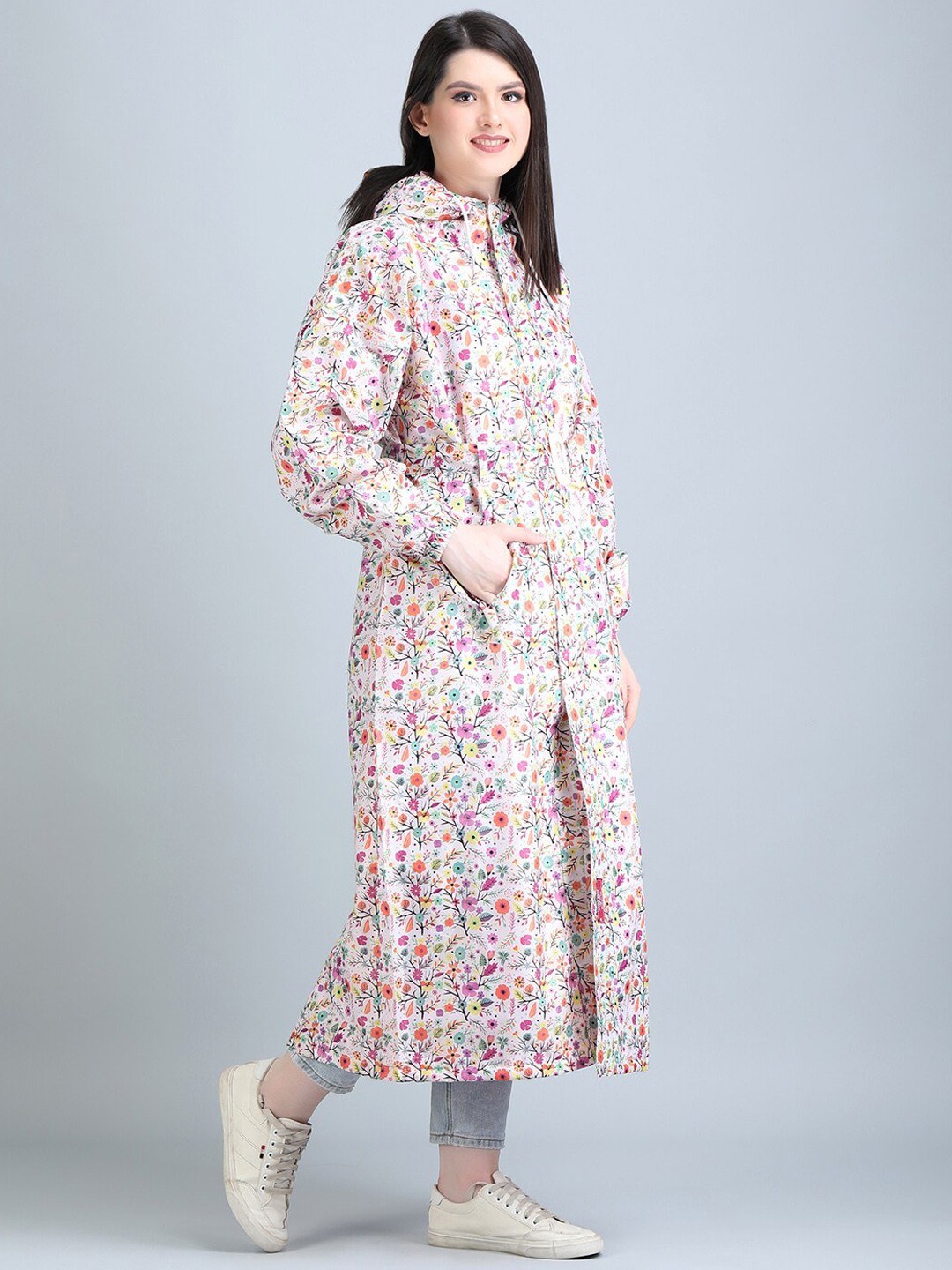

Super Printed Reversible Waterproof Long Raincoat With Belt, White