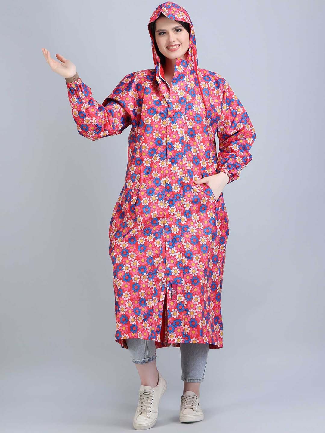 

Super Printed Hooded Drawcord Long Reversible Rain Jacket, Red