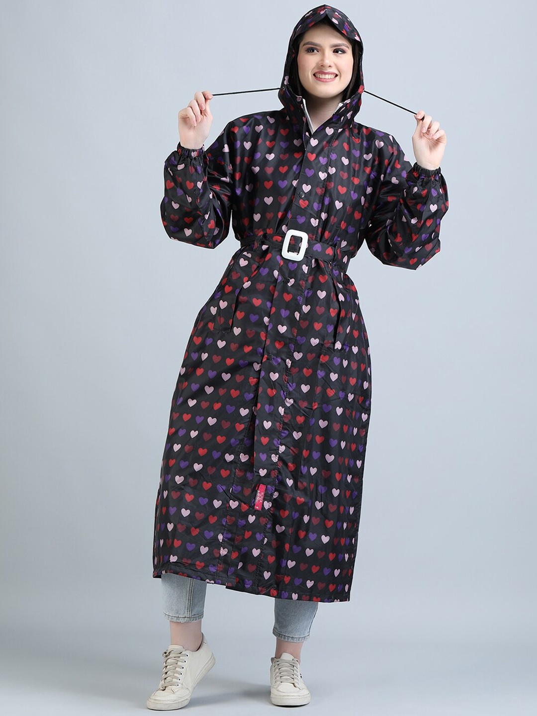 

Super Printed Belted Hooded Rain Coat, Black