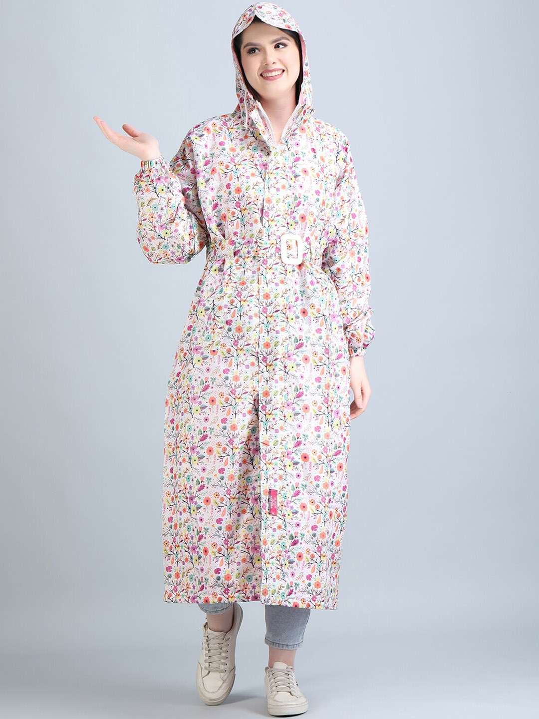 

Super Printed Belted Hooded Rain Coat, White