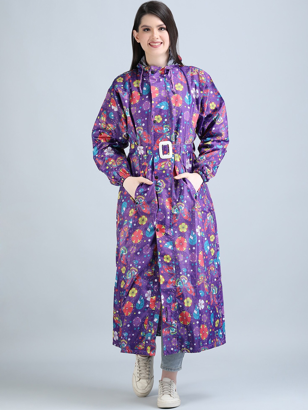

Super Printed Belted Hooded Rain Jacket, Purple