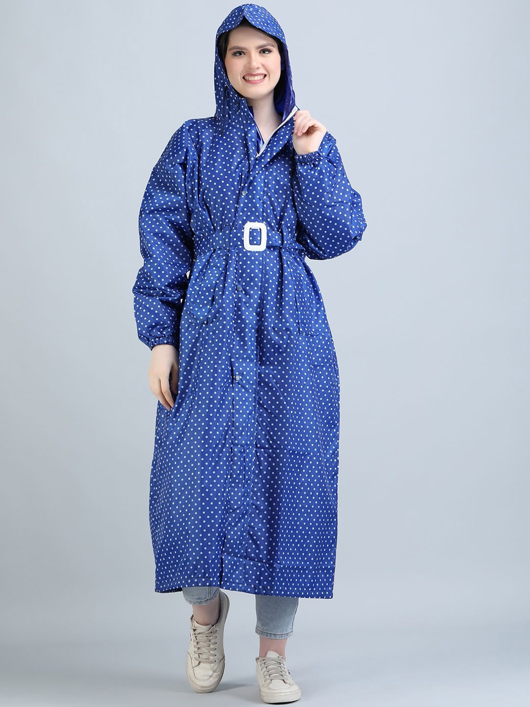 

Super Printed Belted Detailed Hooded Waterproof Rain Jacket, Blue