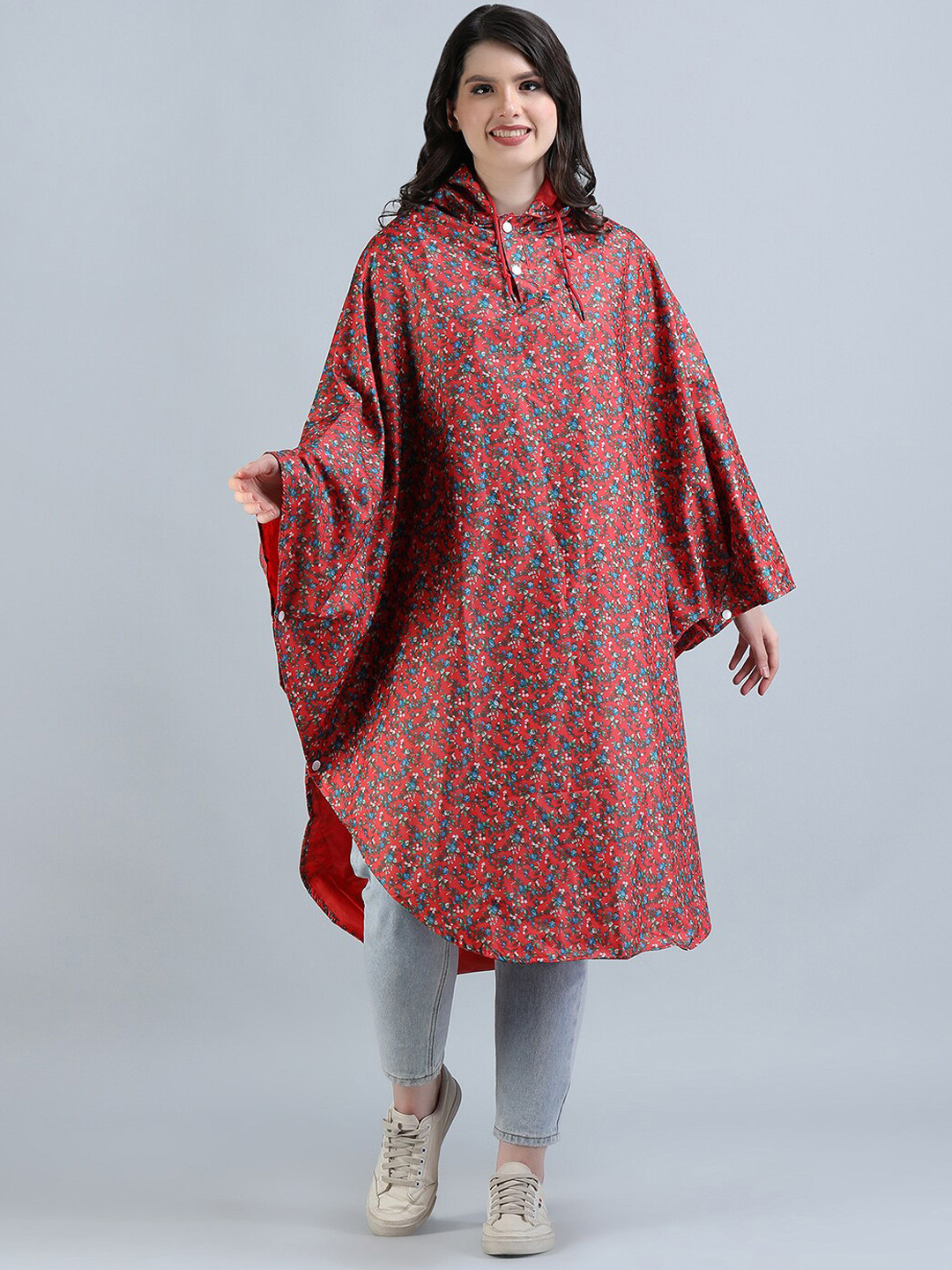 

Super Floral Printed Waterproof Long Rain Jacket, Red
