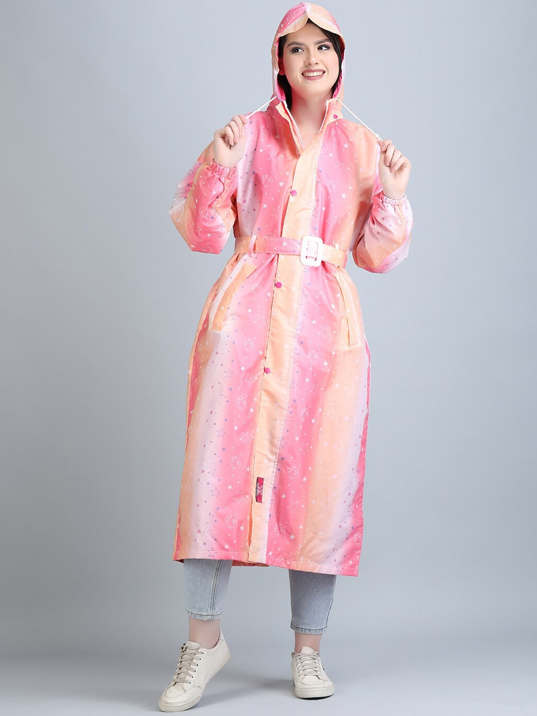 

Super Printed Reversible Waterproof Long Rain Jacket, Pink