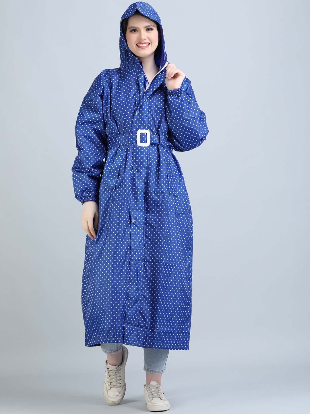 

Super Polka Dot Printed Reversible Waterproof Long Rain Jacket, Blue