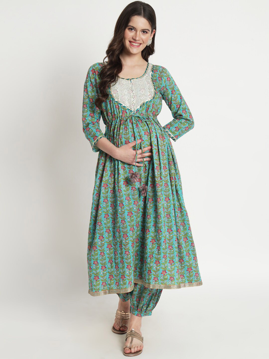

Aujjessa Floral Printed Regular Gotta Patti Maternity Pure Cotton Kurta With Harem Pants, Turquoise blue