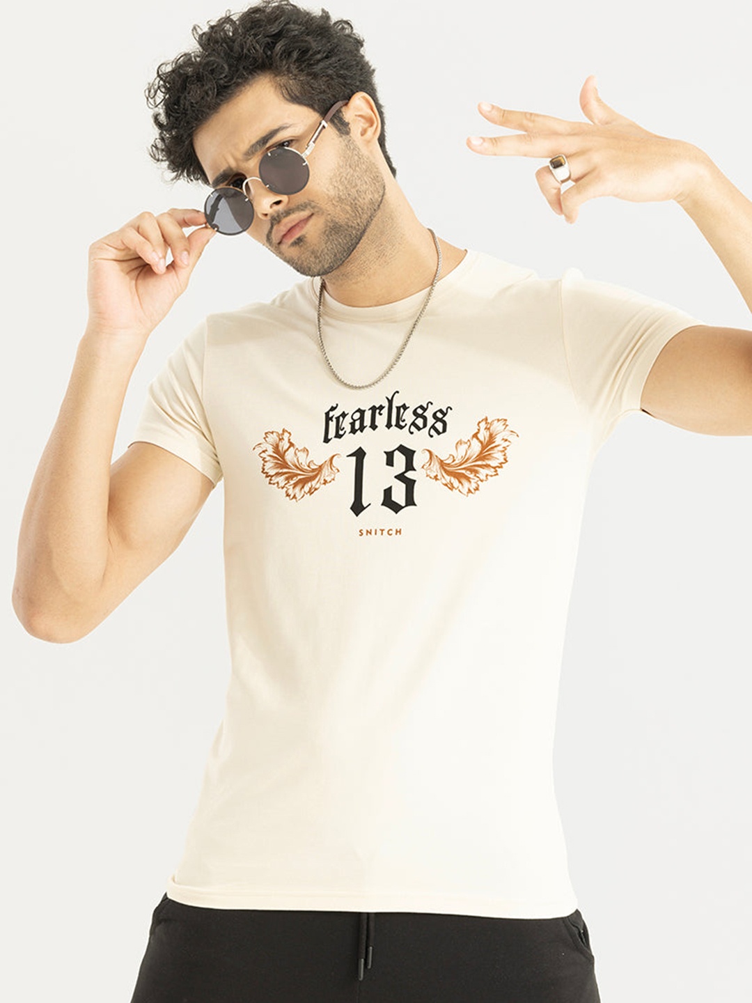 

Snitch Typography Printed Cotton T-shirt, Cream