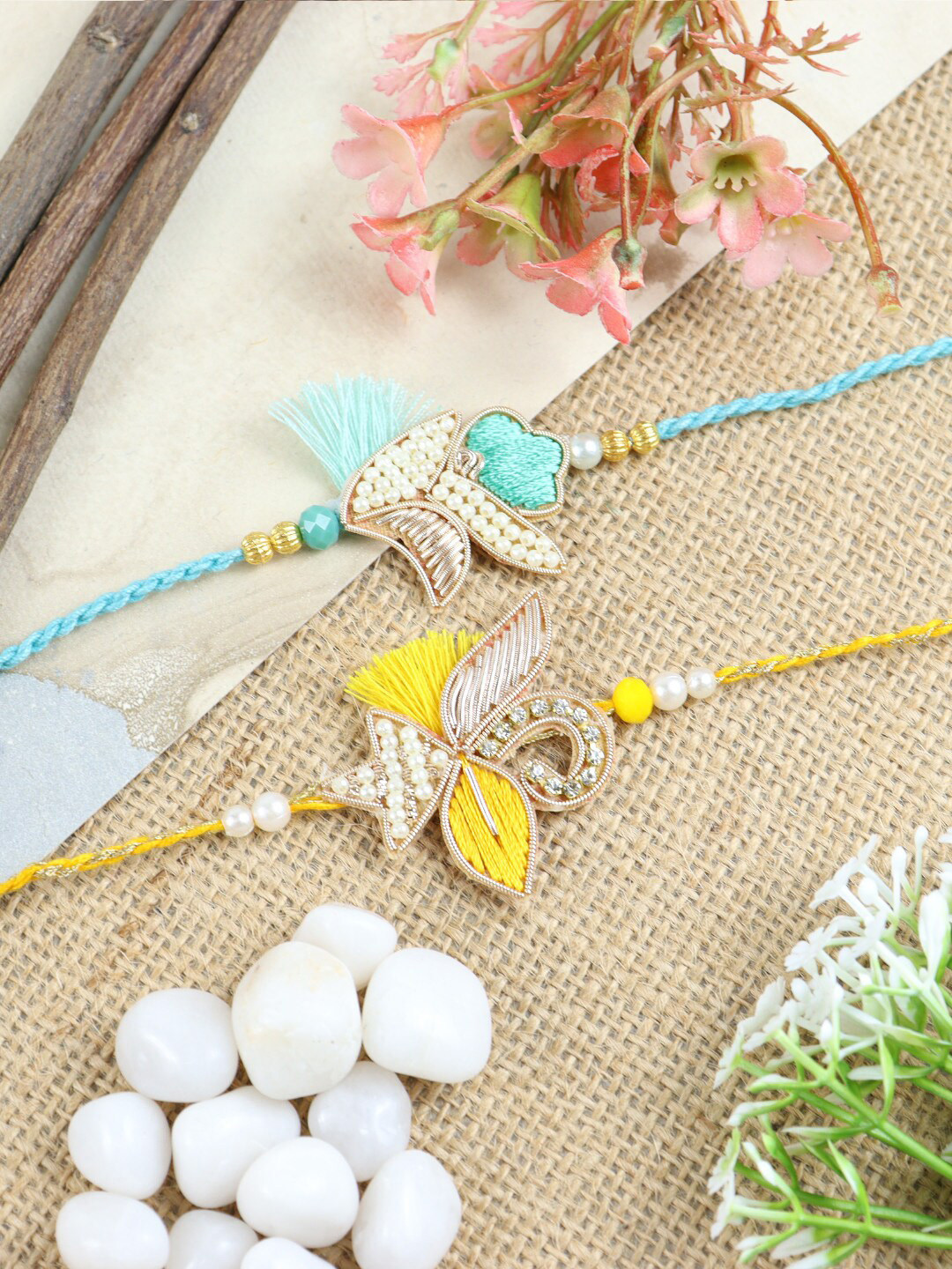 

Asthetika Men Set Of 2 Embroidered Buttis Rakhi, Yellow