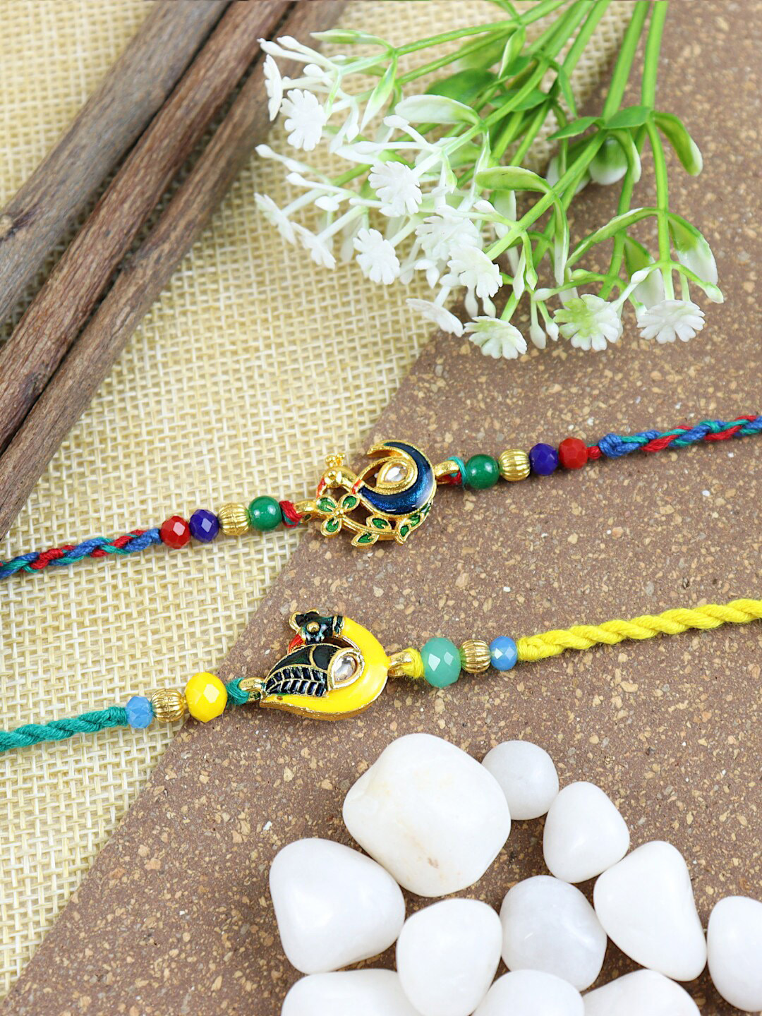 

Asthetika Men Set Of 2 Meenakari Peacock Stone-Studded Rakhi, Yellow