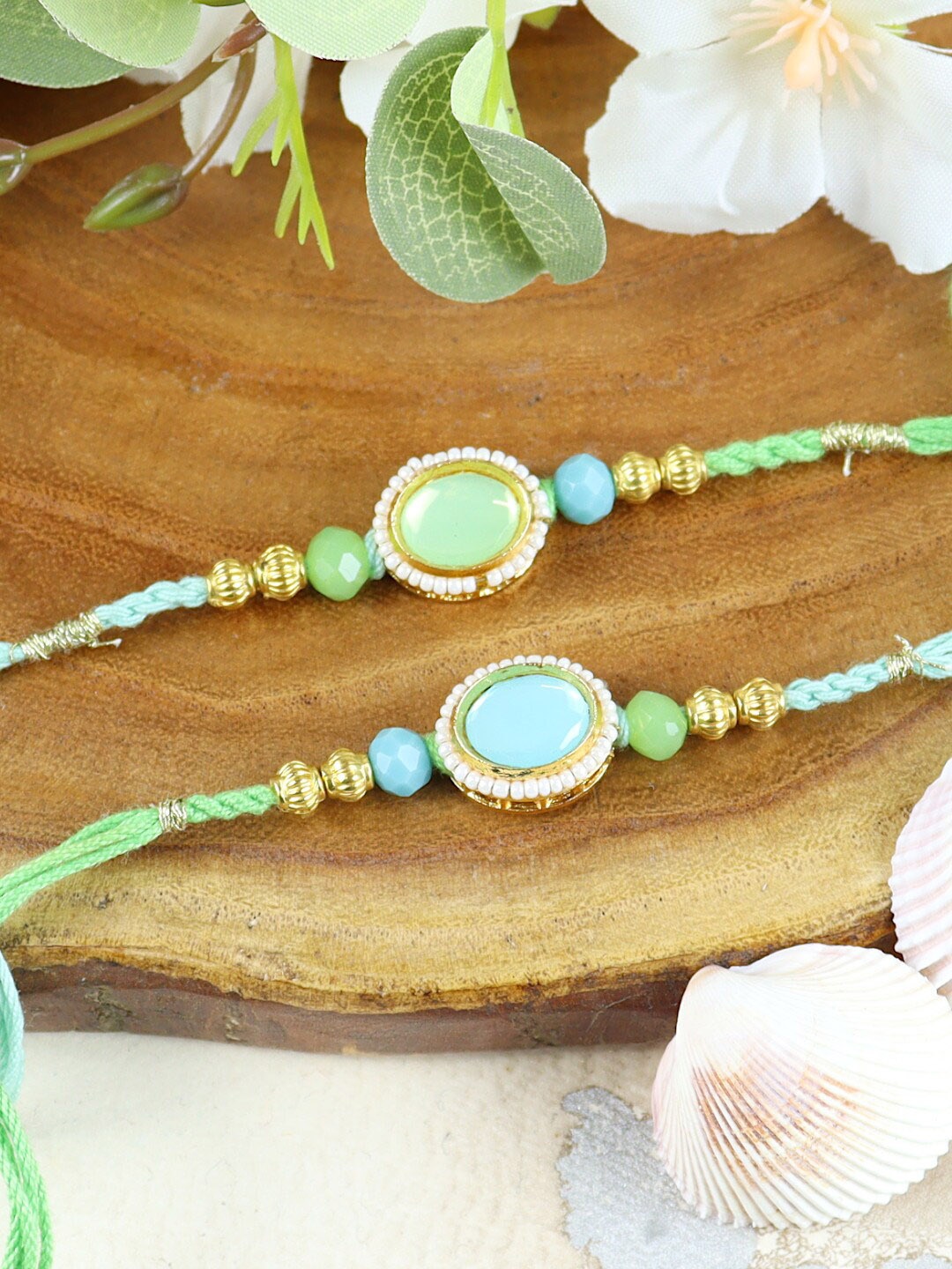

Asthetika Men Set Of 2 Kundan-Studded & Beaded Thread Rakhi, Green