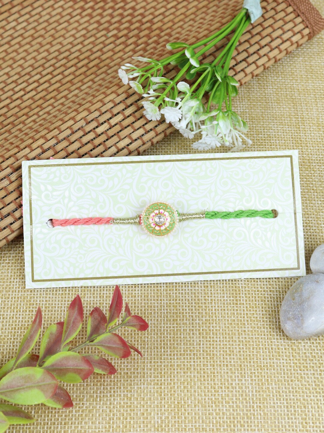 

Asthetika Men Kundan-Studded & Beaded Thread Rakhi, Green