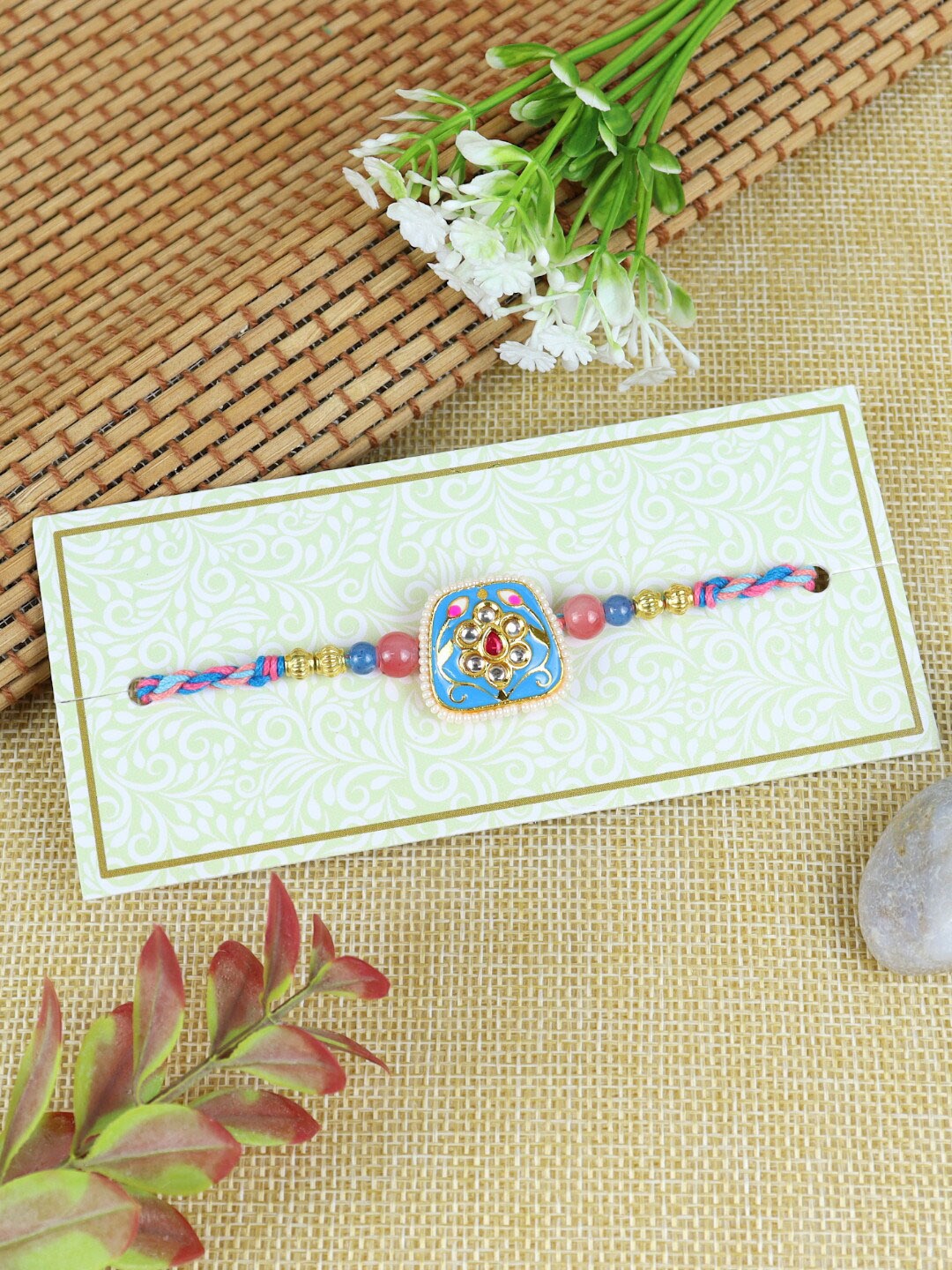 

Asthetika Meenakari Kundan-Studded & Beaded Thread Rakhi, Pink