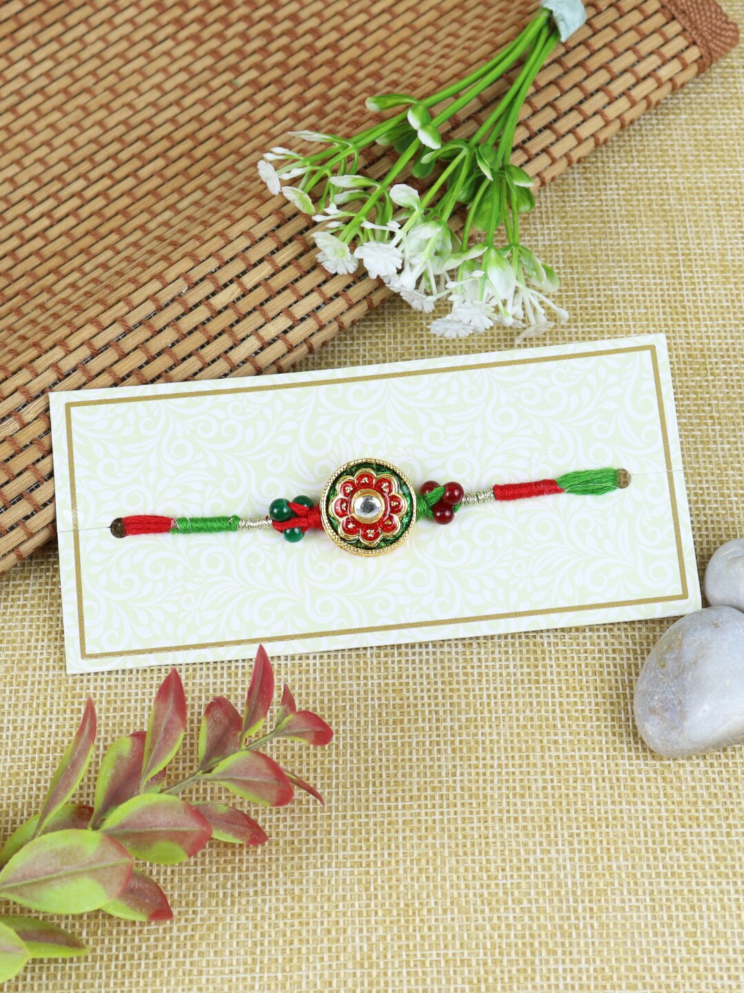 

Asthetika Men Meenakari Kundan Stone-Studded Rakhi, Red