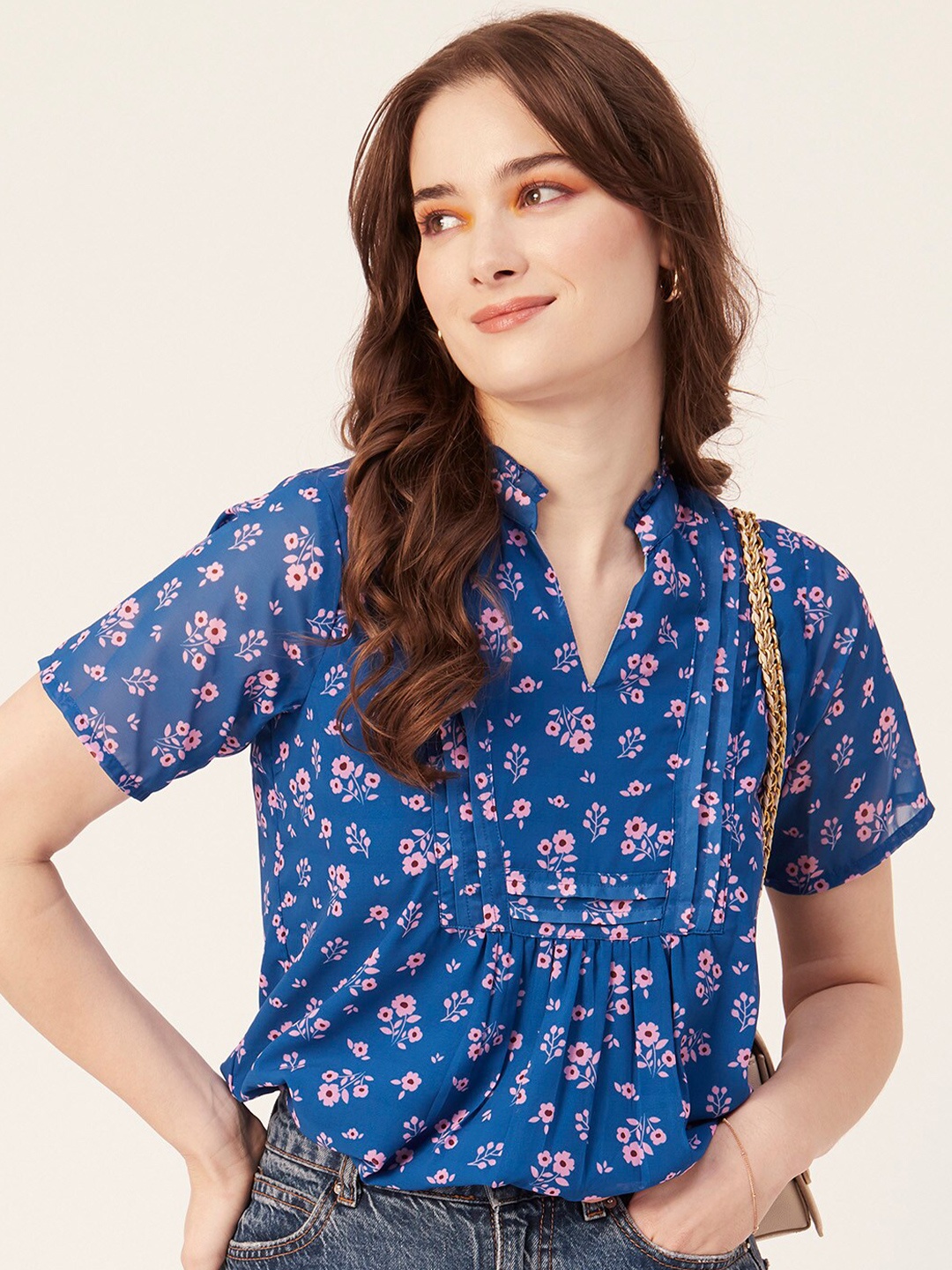 Moomaya Floral Printed Mandarin Collar Gathered Top, Blue