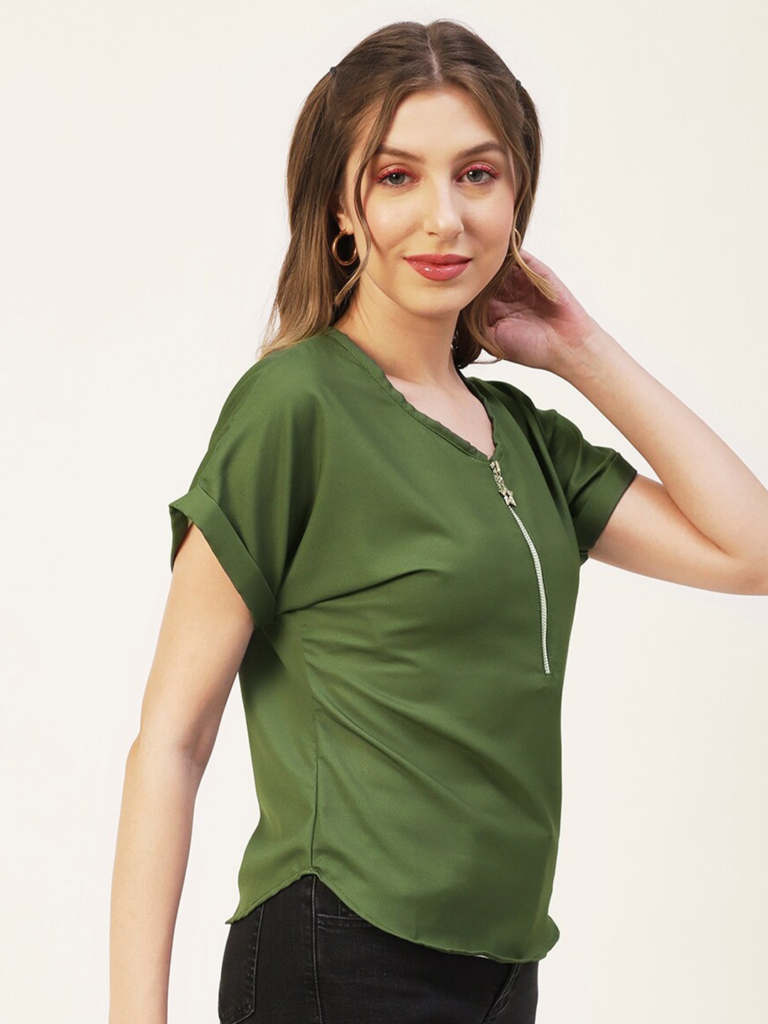 

Moomaya V-Neck Extended Sleeves Top, Green